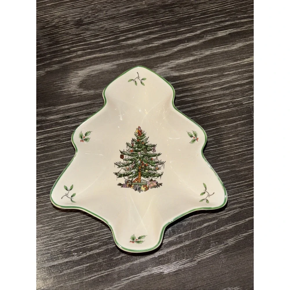 VTG Spode England Christmas Tree Shaped Scalloped Candy Dish S3324-A17Green Trim